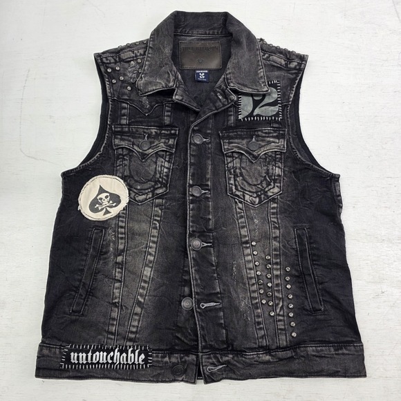 True Religion Distressed Jimmy Western Denim Vest‎ Jacket Black Concrete Men's S